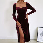 Velvet Dress Women Long Sleeve Midi A Line Sweetheart Neckline
