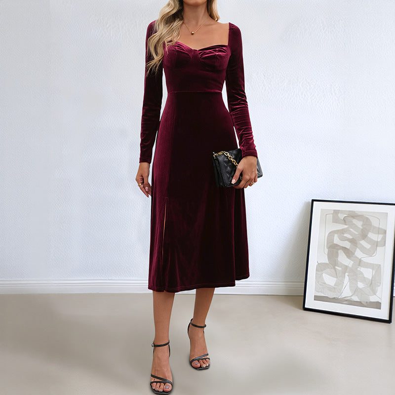 Velvet Dress Women Long Sleeve Midi A Line Sweetheart Neckline