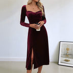 Velvet Dress Women Long Sleeve Midi A Line Sweetheart Neckline