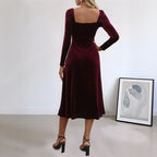 Velvet Dress Women Long Sleeve Midi A Line Sweetheart Neckline
