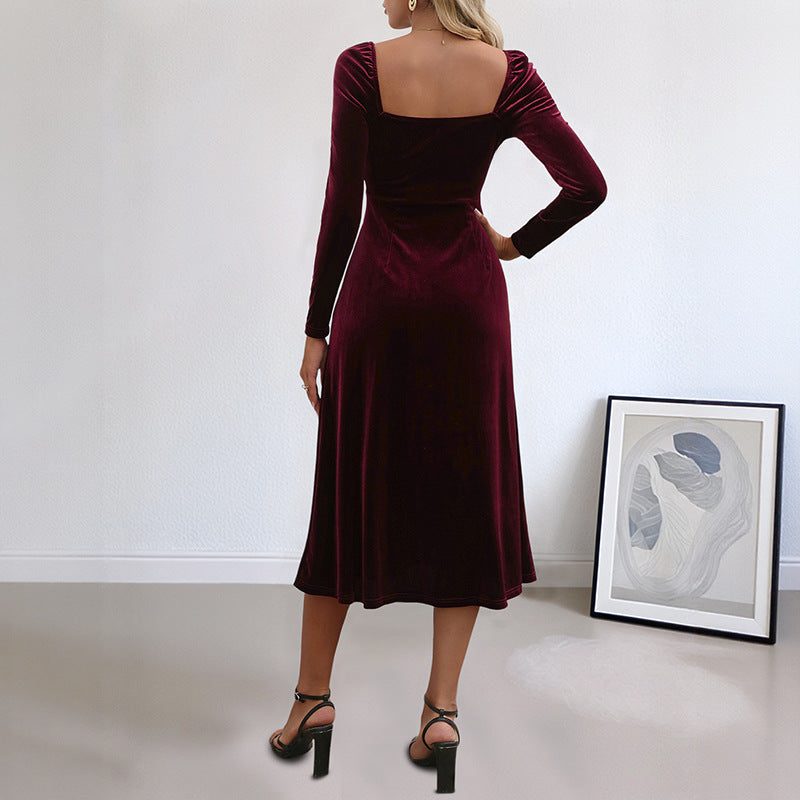 Velvet Dress Women Long Sleeve Midi A Line Sweetheart Neckline