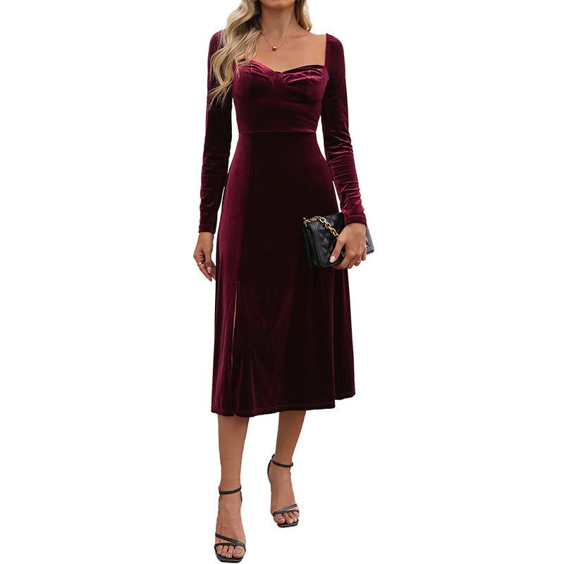 Velvet Dress Women Long Sleeve Midi A Line Sweetheart Neckline
