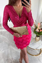 Sequin Dress Women Long Sleeve Mini Tiered Fringe Skirt Wrap Bodice