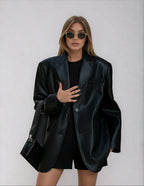 Women oversized blazer notch lapel button front hip length back vent