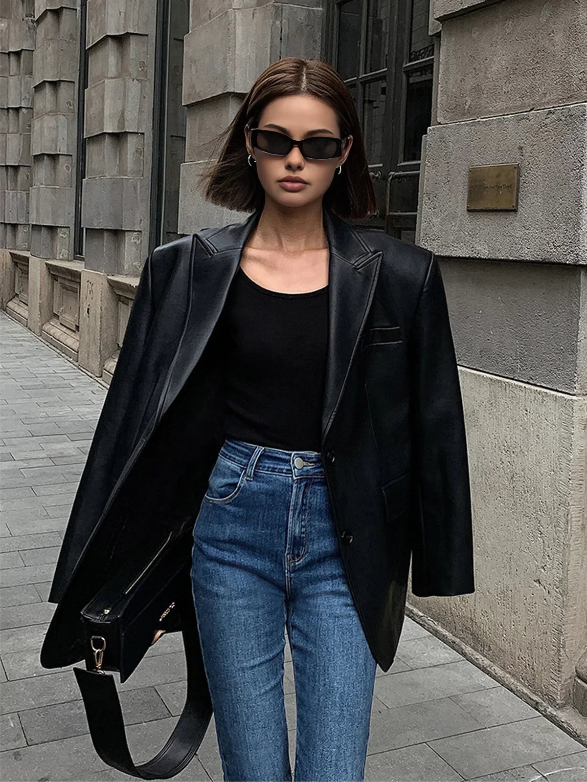 Women oversized blazer notch lapel button front hip length back vent