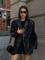 Women oversized blazer notch lapel button front hip length back vent