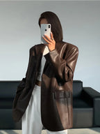 Women oversized blazer notch lapel button front hip length back vent