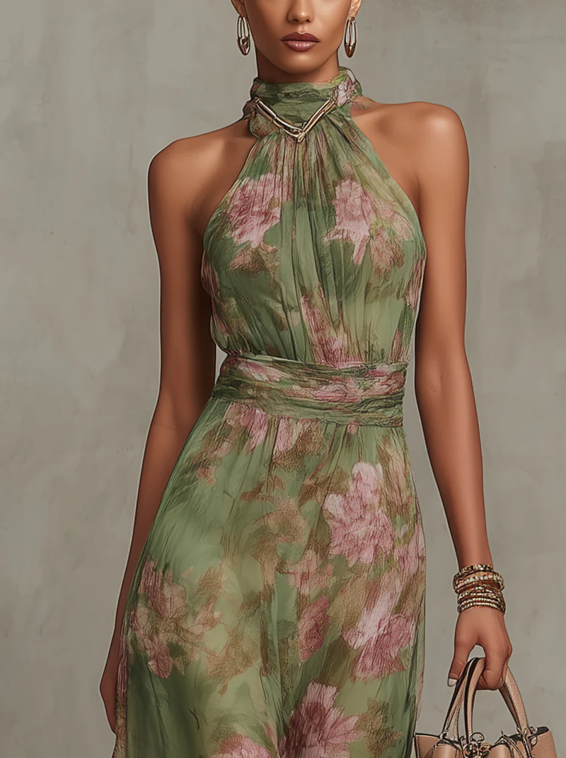 Floral Maxi Dress Women Halter Neck Sleeveless Flowy Green