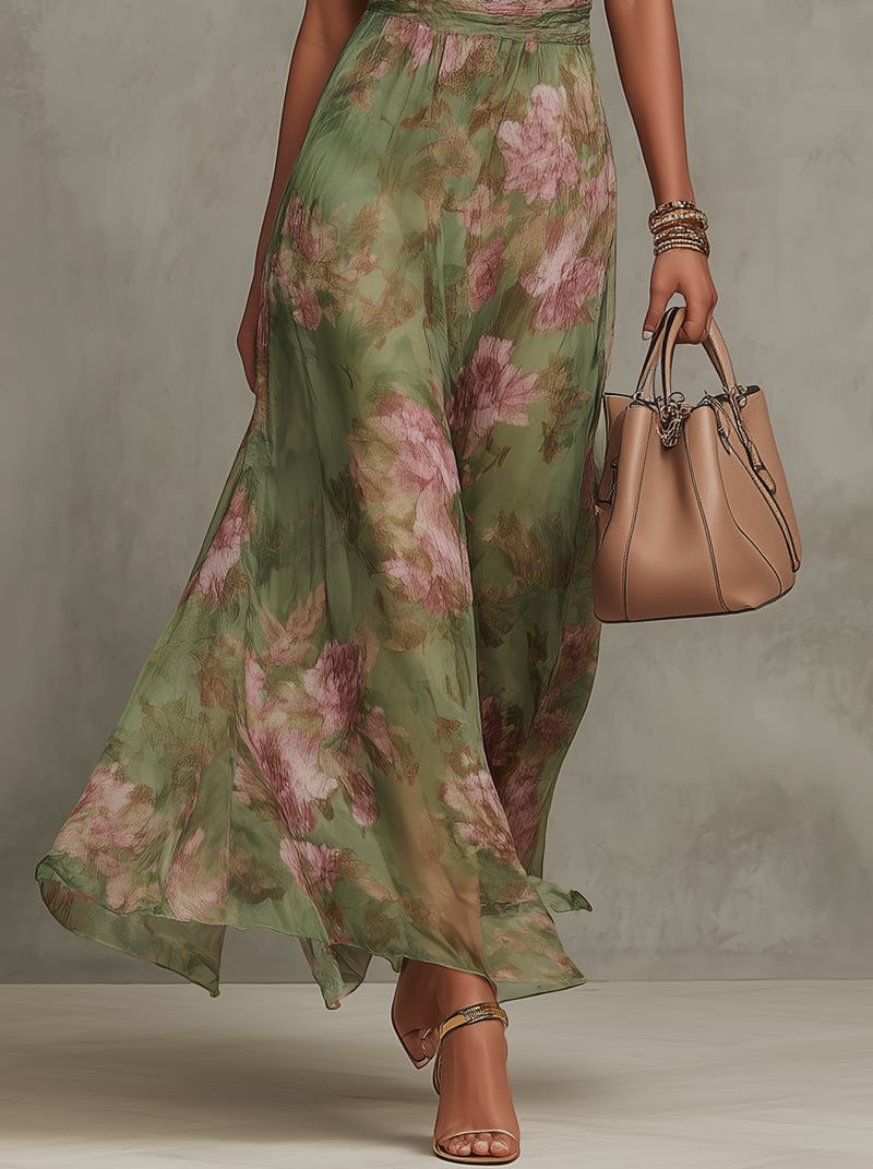 Floral Maxi Dress Women Halter Neck Sleeveless Flowy Green