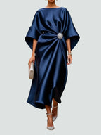 Cocktail Dress Women Midi Draped Ruched Batwing Sleeves Brooch