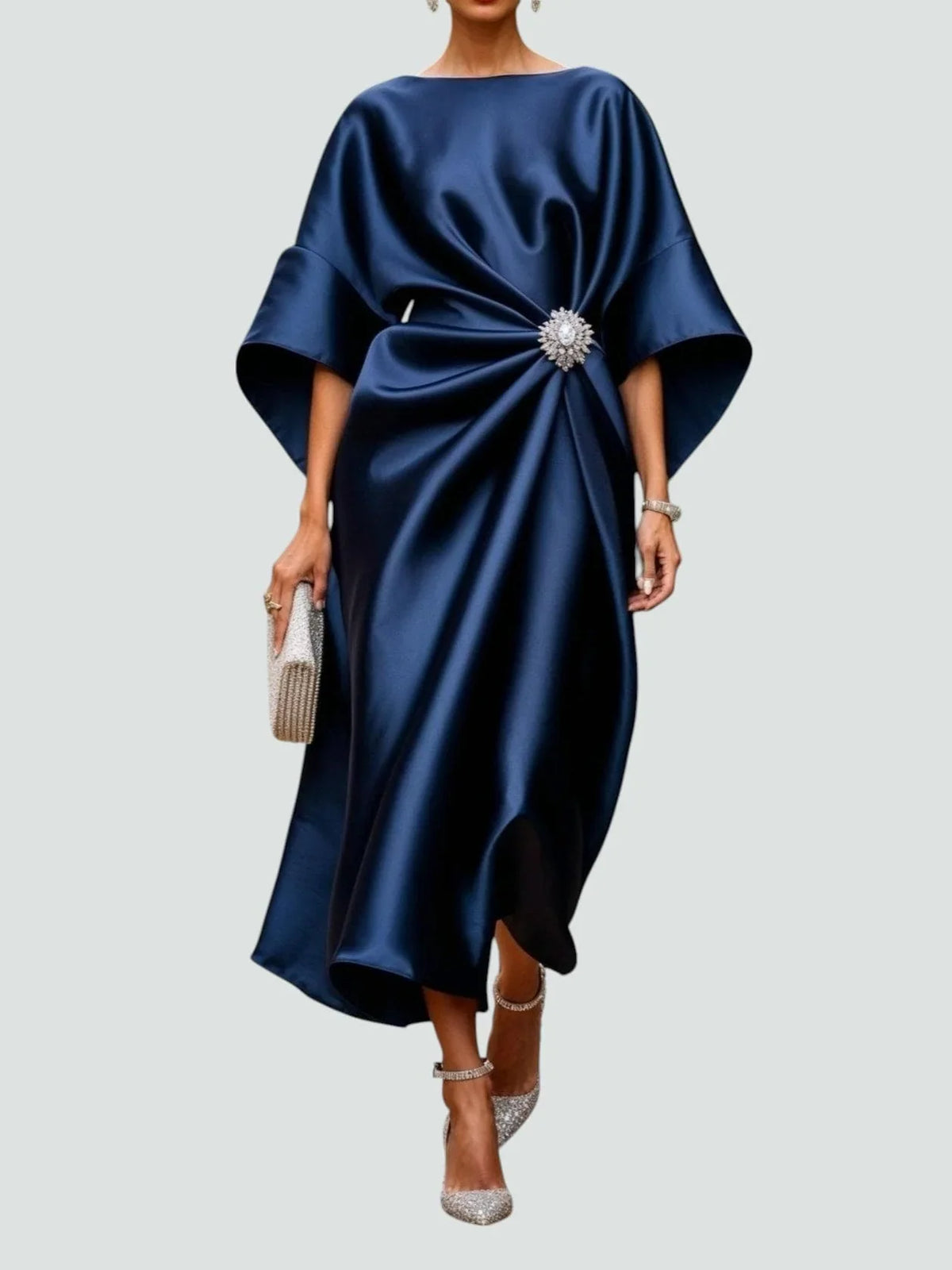 Cocktail Dress Women Midi Draped Ruched Batwing Sleeves Brooch