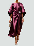 Cocktail Dress Women Midi Draped Ruched Batwing Sleeves Brooch