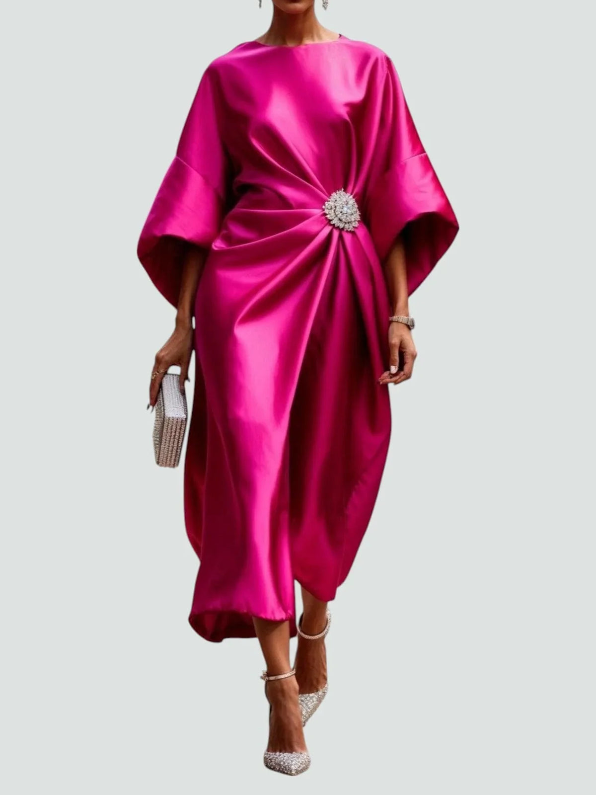 Cocktail Dress Women Midi Draped Ruched Batwing Sleeves Brooch