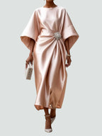Cocktail Dress Women Midi Draped Ruched Batwing Sleeves Brooch
