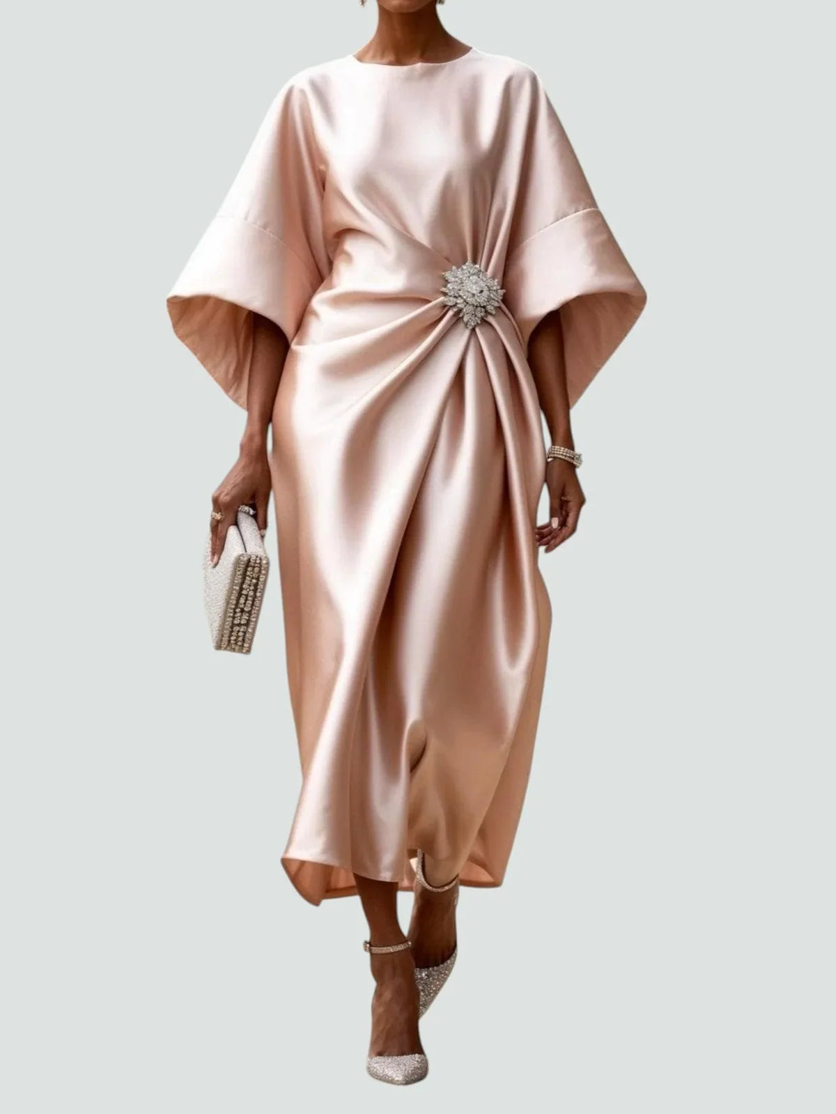 Cocktail Dress Women Midi Draped Ruched Batwing Sleeves Brooch