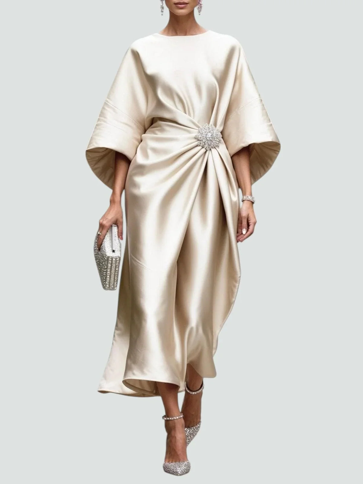 Cocktail Dress Women Midi Draped Ruched Batwing Sleeves Brooch