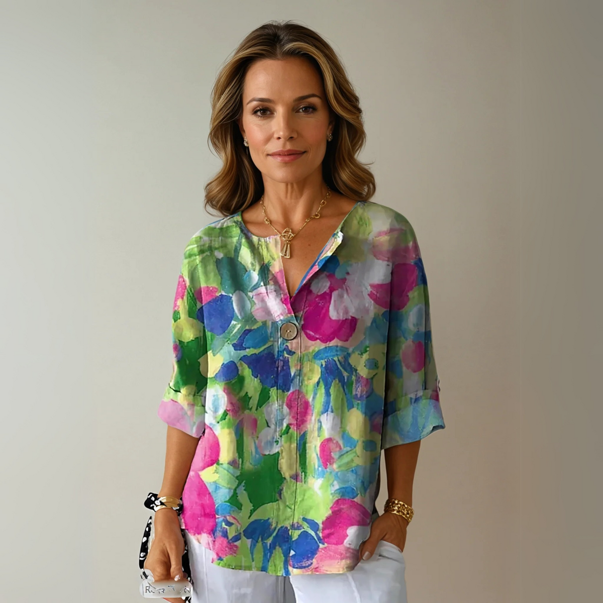 Aria | Women's Floral Blouse | V-Neck, Short Sleeve | Relaxed Fit