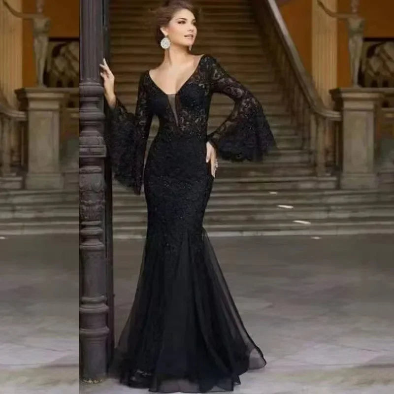 Lace Dress Women Maxi V Neck Flared Sleeves | Opal