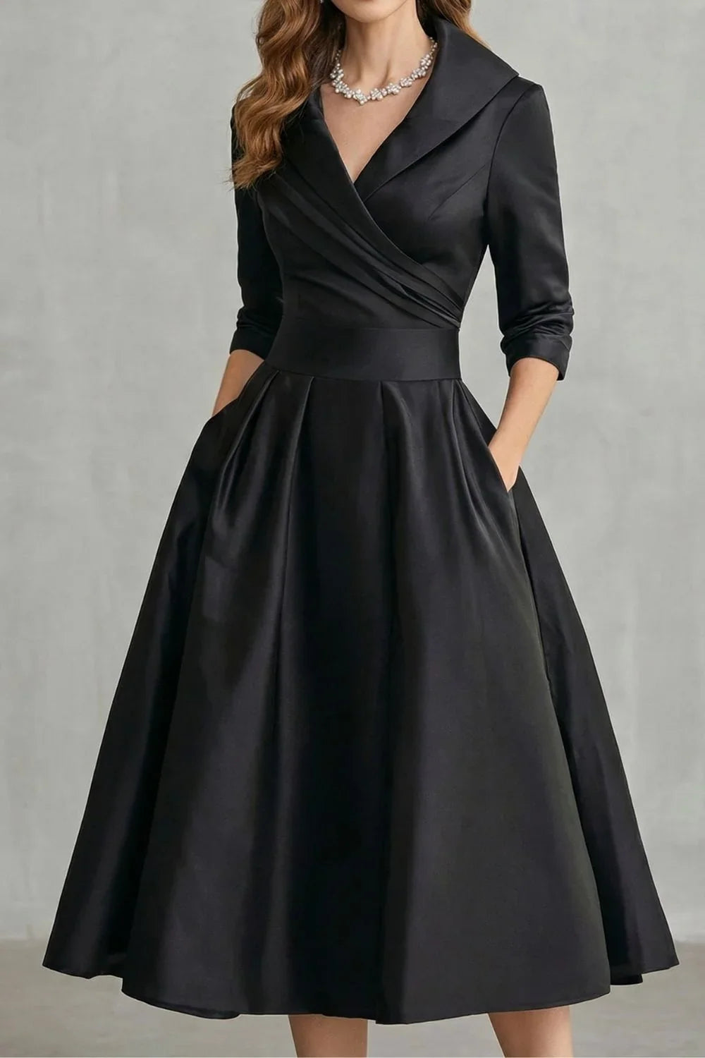 Midi Dress Women Draped Collar Cinched Waist Flared Skirt
