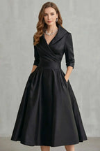Midi Dress Women Draped Collar Cinched Waist Flared Skirt
