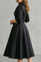 Midi Dress Women Draped Collar Cinched Waist Flared Skirt
