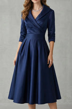 Midi Dress Women Draped Collar Cinched Waist Flared Skirt