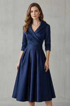 Midi Dress Women Draped Collar Cinched Waist Flared Skirt