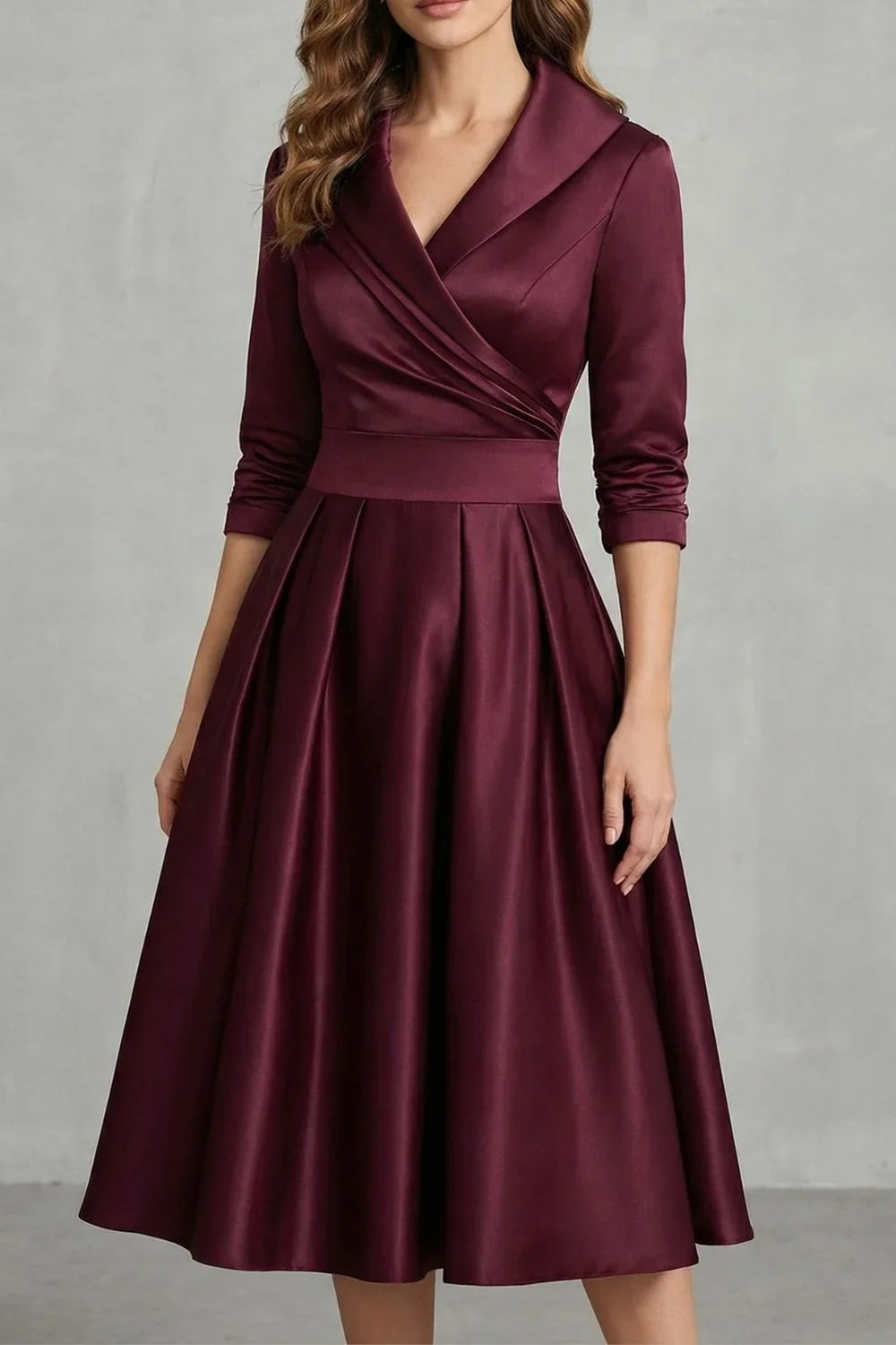 Midi Dress Women Draped Collar Cinched Waist Flared Skirt