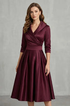 Midi Dress Women Draped Collar Cinched Waist Flared Skirt