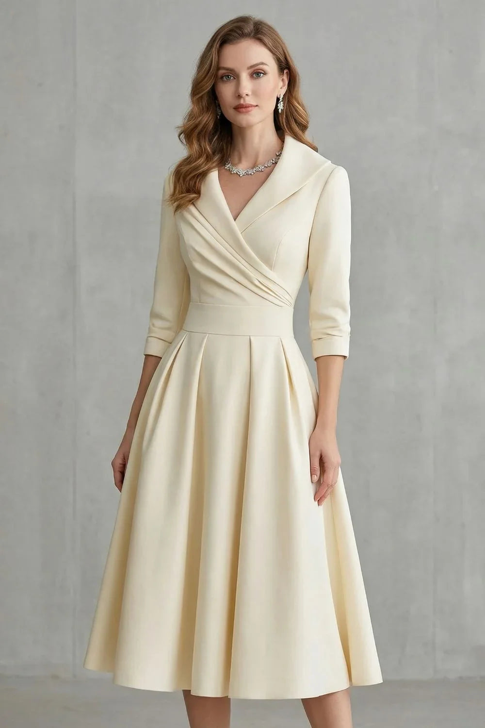 Midi Dress Women Draped Collar Cinched Waist Flared Skirt