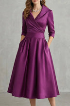 Midi Dress Women Draped Collar Cinched Waist Flared Skirt