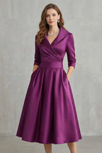 Midi Dress Women Draped Collar Cinched Waist Flared Skirt