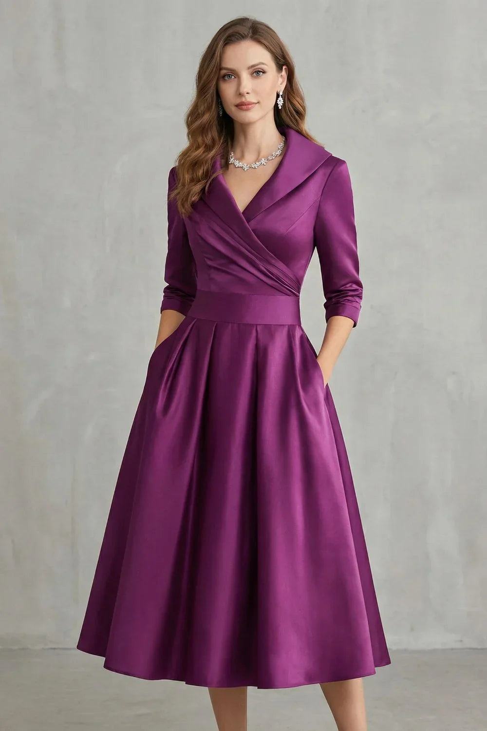 Midi Dress Women Draped Collar Cinched Waist Flared Skirt