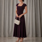Midi Dress Women Square Neck A Line Flared Sculpted Waist