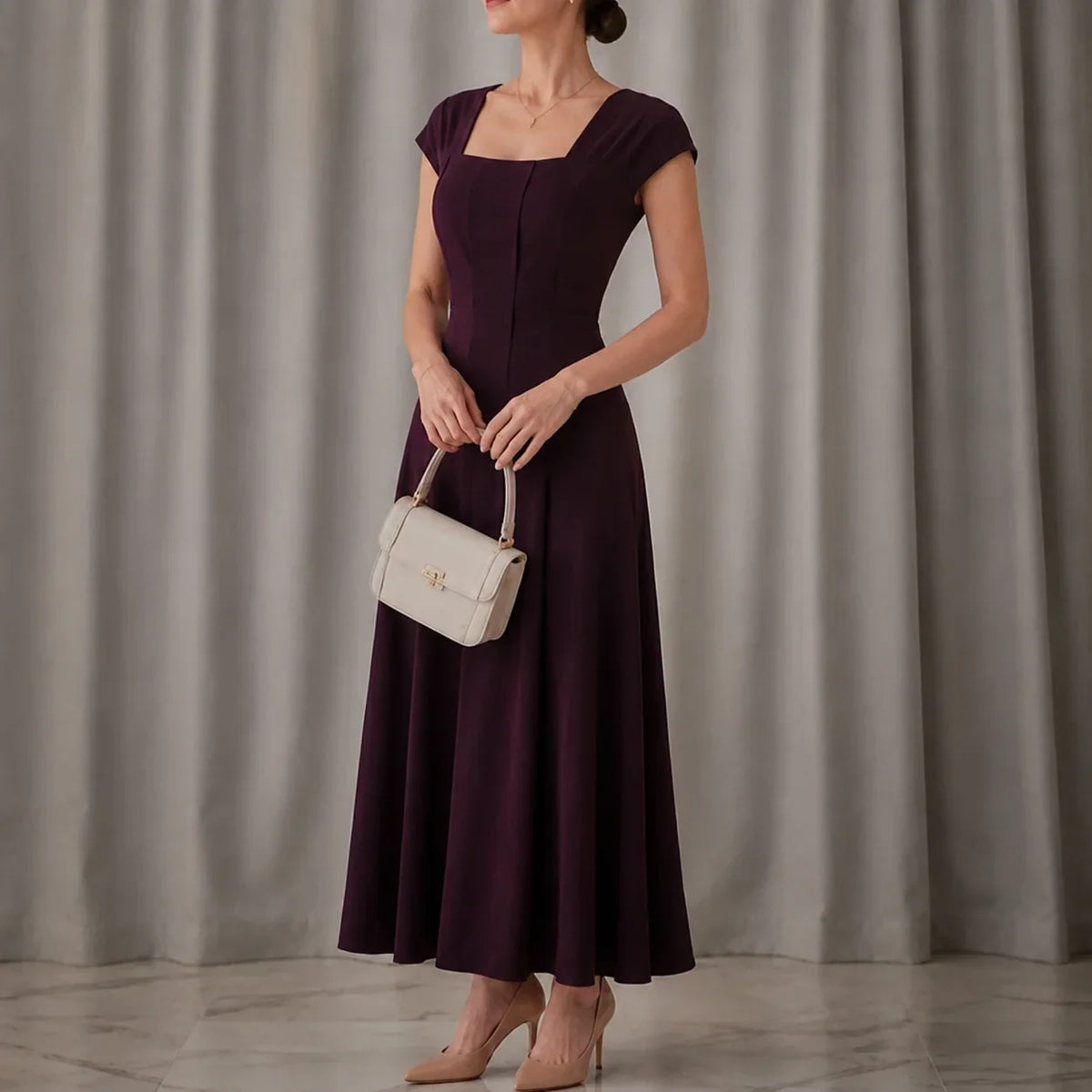 Midi Dress Women Square Neck A Line Flared Sculpted Waist
