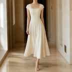 Midi Dress Women Square Neck A Line Flared Sculpted Waist