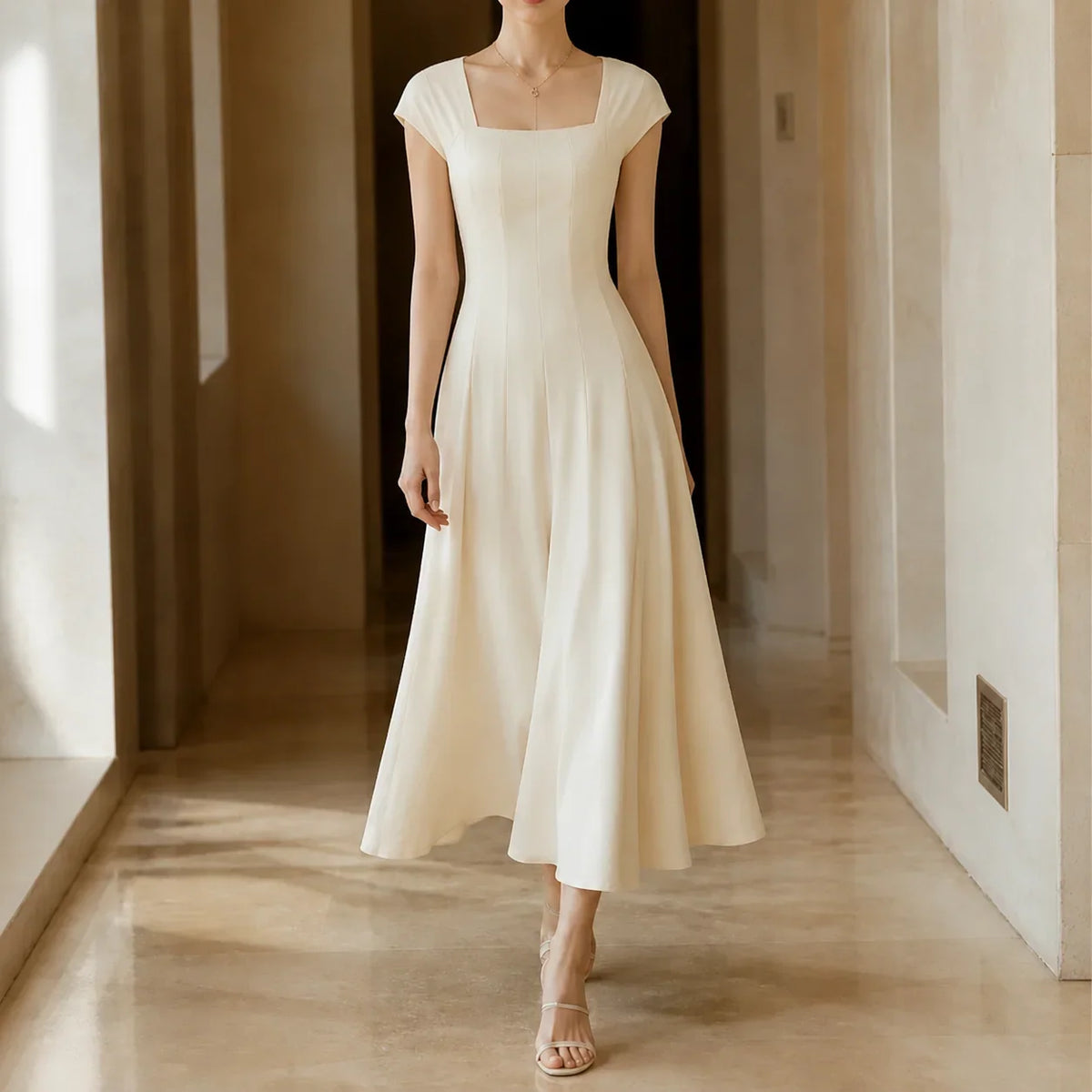 Midi Dress Women Square Neck A Line Flared Sculpted Waist