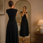 Midi Dress Women Square Neck A Line Flared Sculpted Waist