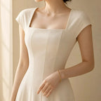 Midi Dress Women Square Neck A Line Flared Sculpted Waist