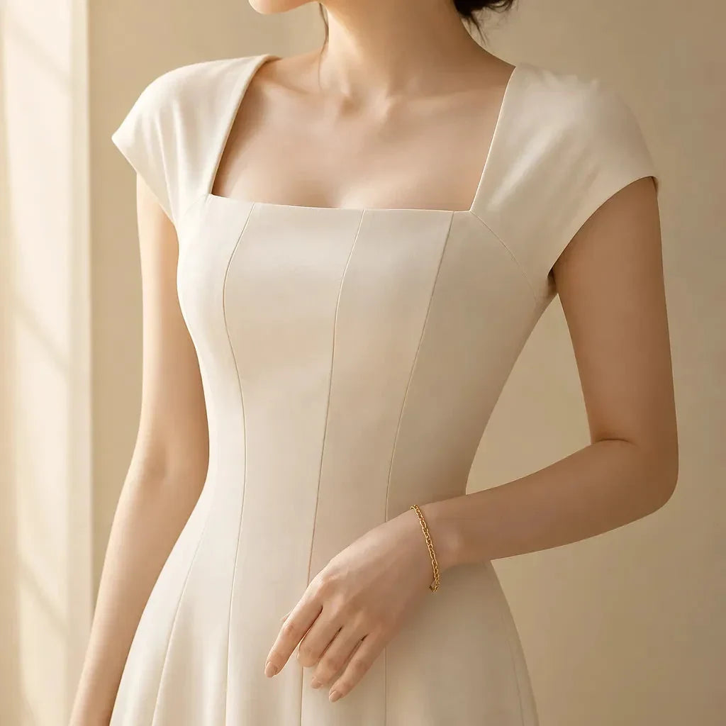 Midi Dress Women Square Neck A Line Flared Sculpted Waist