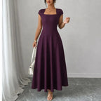 Midi Dress Women Square Neck A Line Flared Sculpted Waist
