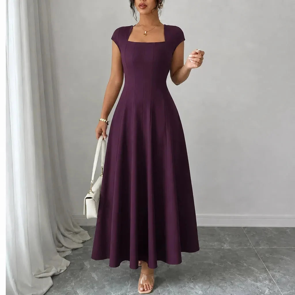 Midi Dress Women Square Neck A Line Flared Sculpted Waist
