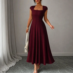 Midi Dress Women Square Neck A Line Flared Sculpted Waist