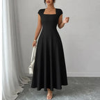 Midi Dress Women Square Neck A Line Flared Sculpted Waist