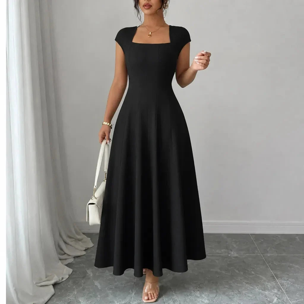 Midi Dress Women Square Neck A Line Flared Sculpted Waist