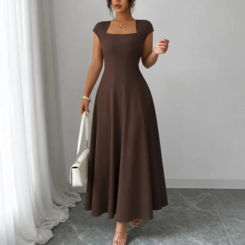 Midi Dress Women Square Neck A Line Flared Sculpted Waist