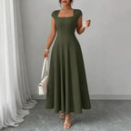 Midi Dress Women Square Neck A Line Flared Sculpted Waist