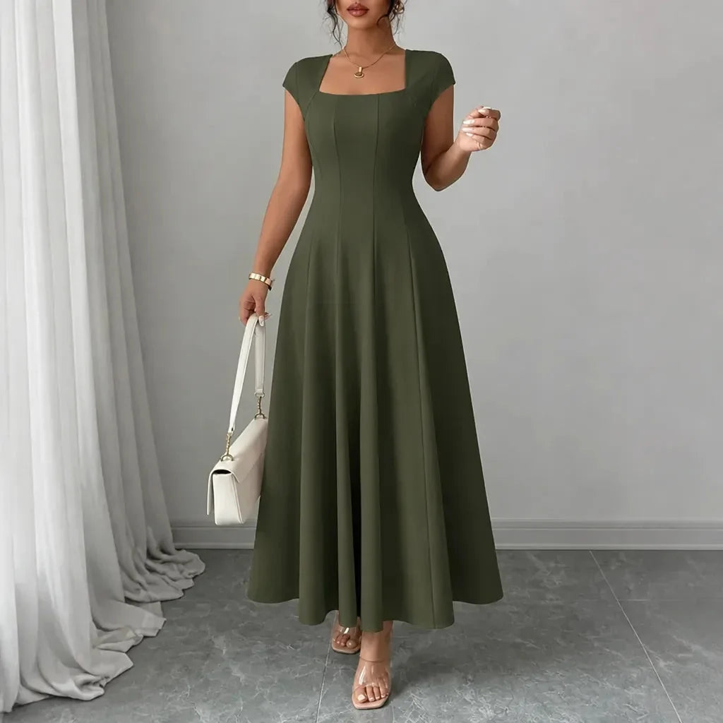 Midi Dress Women Square Neck A Line Flared Sculpted Waist