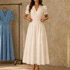 Midi Dress Women Puff Sleeve V Neck Flared Skirt Ruched Waist