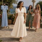 Midi Dress Women Puff Sleeve V Neck Flared Skirt Ruched Waist